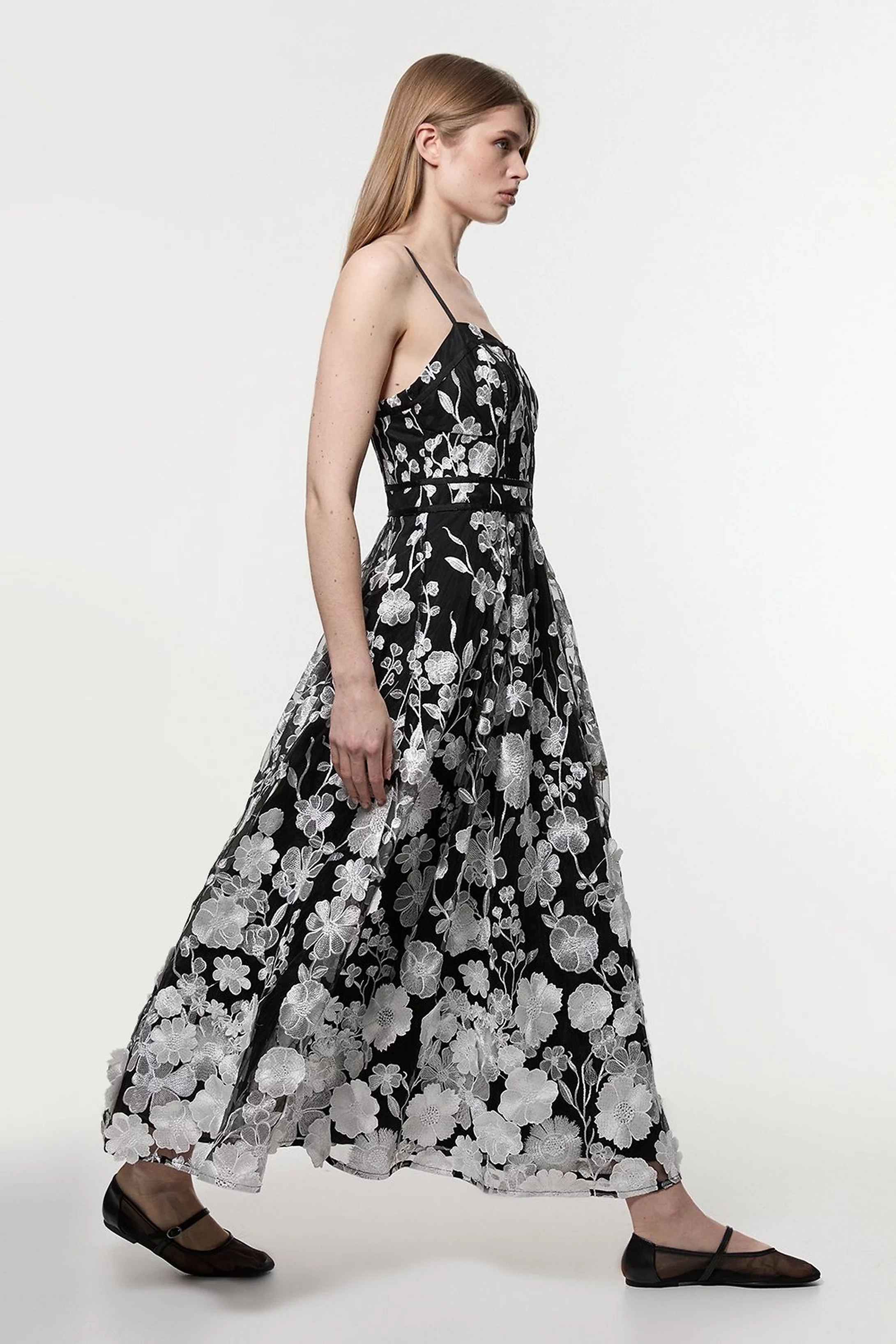 Petite Floral Applique Corset Detail Woven Midi Dress | Karen Millen UK + IE + DE + NL