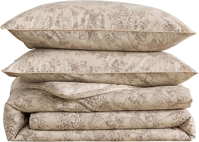 Beige Floral Duvet Cover, Queen Size 100% Cotton Percale Shabby Flower Patterned Chic Bed Cover S... | Amazon (US)