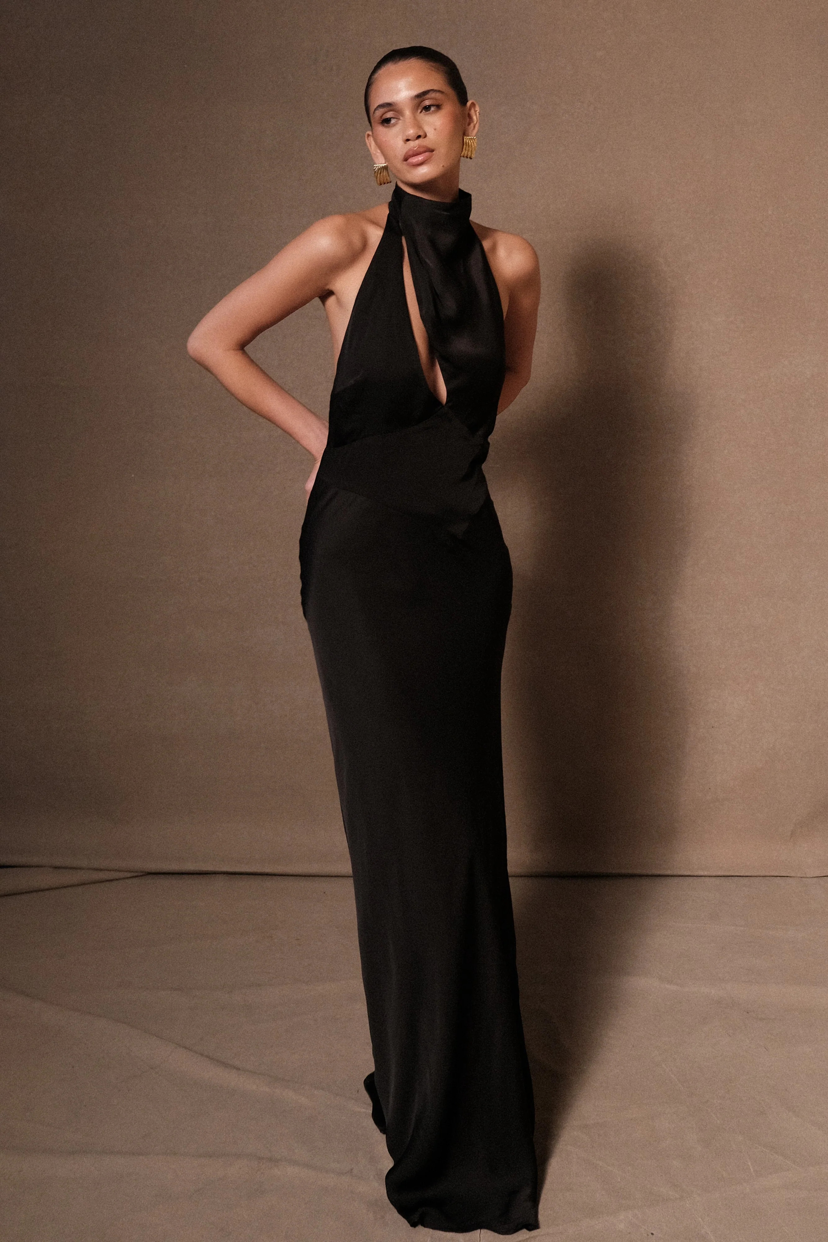 Belladonna Satin Halter Maxi Dress - Black | MESHKI US