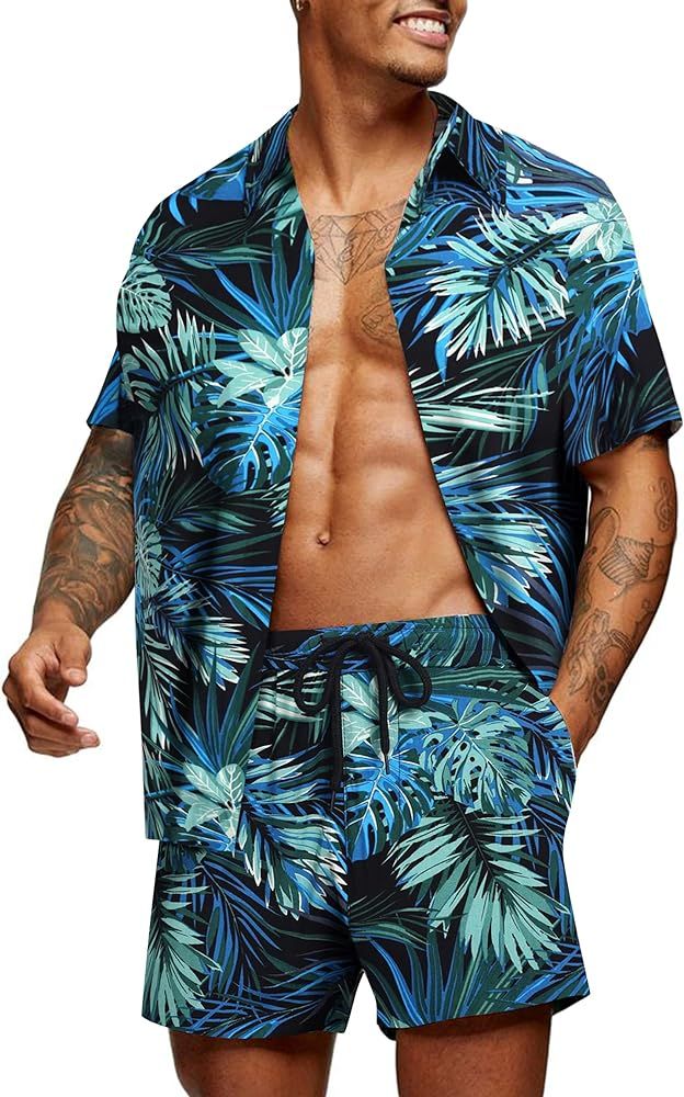 COOFANDY Men's Flower Shirt Hawaiian Sets Casual Button Down Short Sleeve Shirt | Amazon (US)