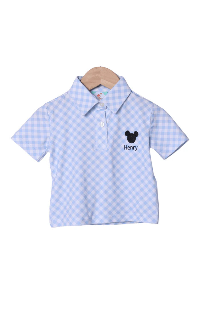 Embroidered Mouse Blue Gingham Polo Shirt | The Smocked Flamingo