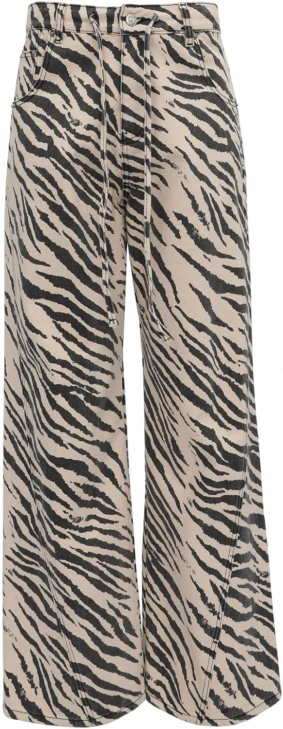 Unisex Y2K Striped Zebra Print Baggy Jeans High Waist Drawstring | Amazon (US)