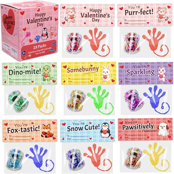 28 Pack Valentines Day Cards for Kids School with Sticky Hand Toys & Pull-Back Cars – Classroom... | Amazon (US)