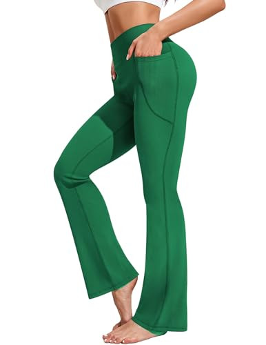 PINSPARK Womens Bootcut Yoga Pants with Pockets 29" Ribbed Yoga Pants High Waisted Flared Athletic Pants Kelly Green XXXL | Amazon (US)