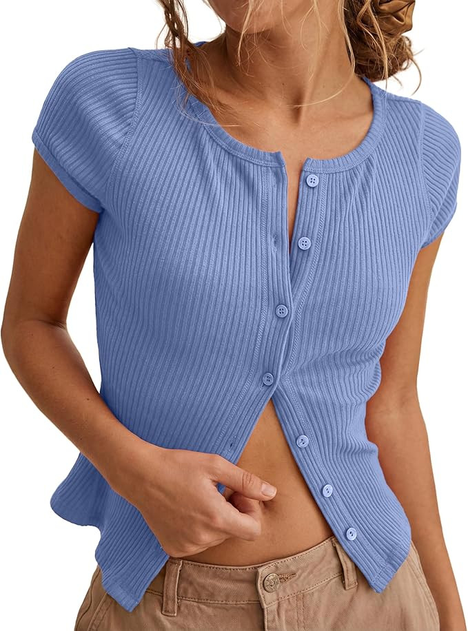 Womens Short Sleeve Shirts Casual Summer Ribbed Knit Tshirts Fitted Button Up Tops | Amazon (US)