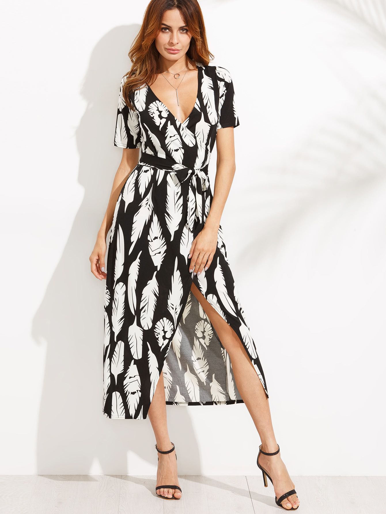 Deep V Neck Feather Print Self Tie Split Wrap Dress | SHEIN