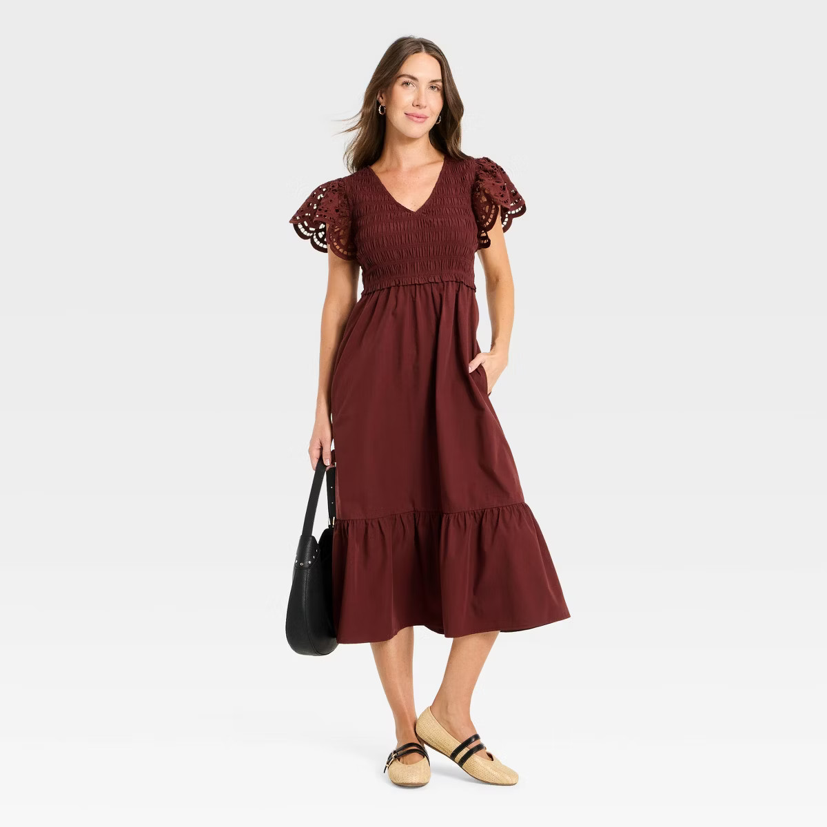 Women's Flutter Short Sleeve Smocked Midi A-Line Dress - Universal Thread™ | Target