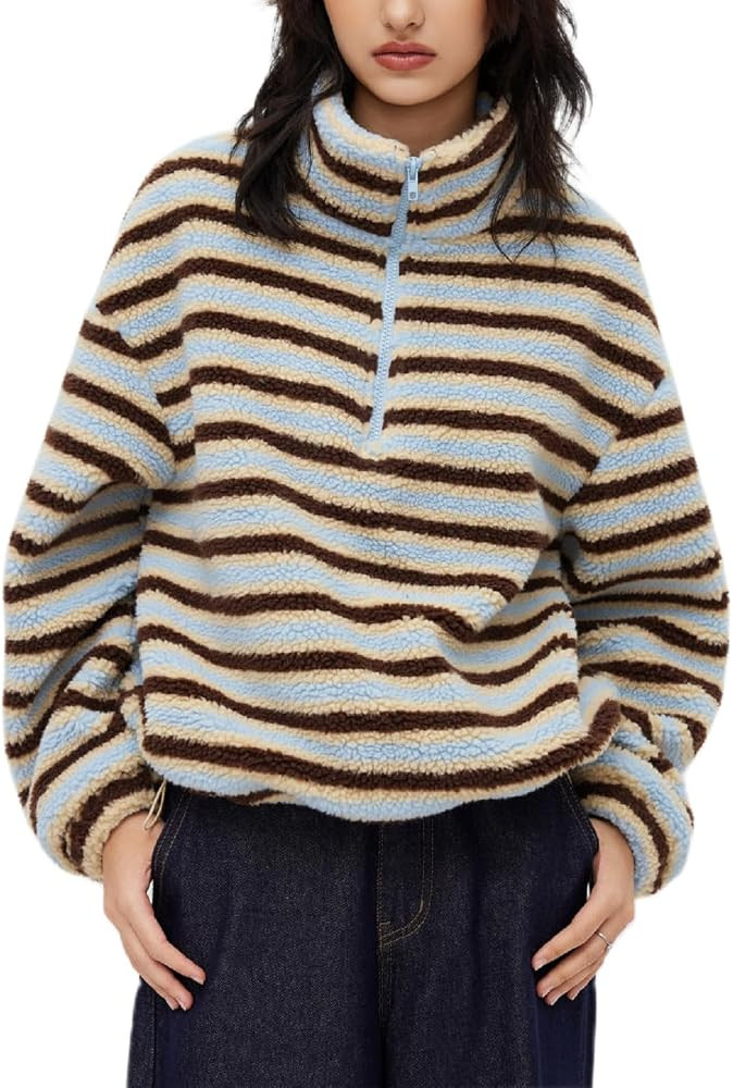 Pivanzore Women's Striped Fleece Jacket Color Block Half Zip Sherpa High Neck Pullover Trendy Ove... | Amazon (US)