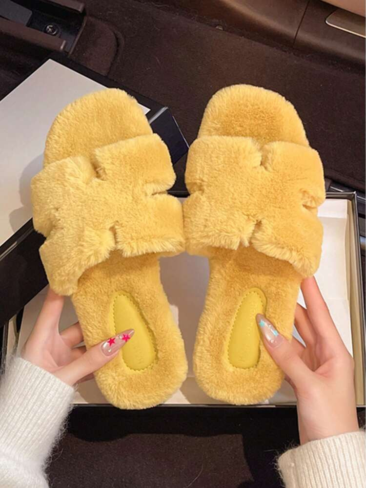 Women's Yellow Flat Open Toe Fluffy Slippers, New Autumn/Winter Furry Low Heel Slip-On Slippers, ... | SHEIN