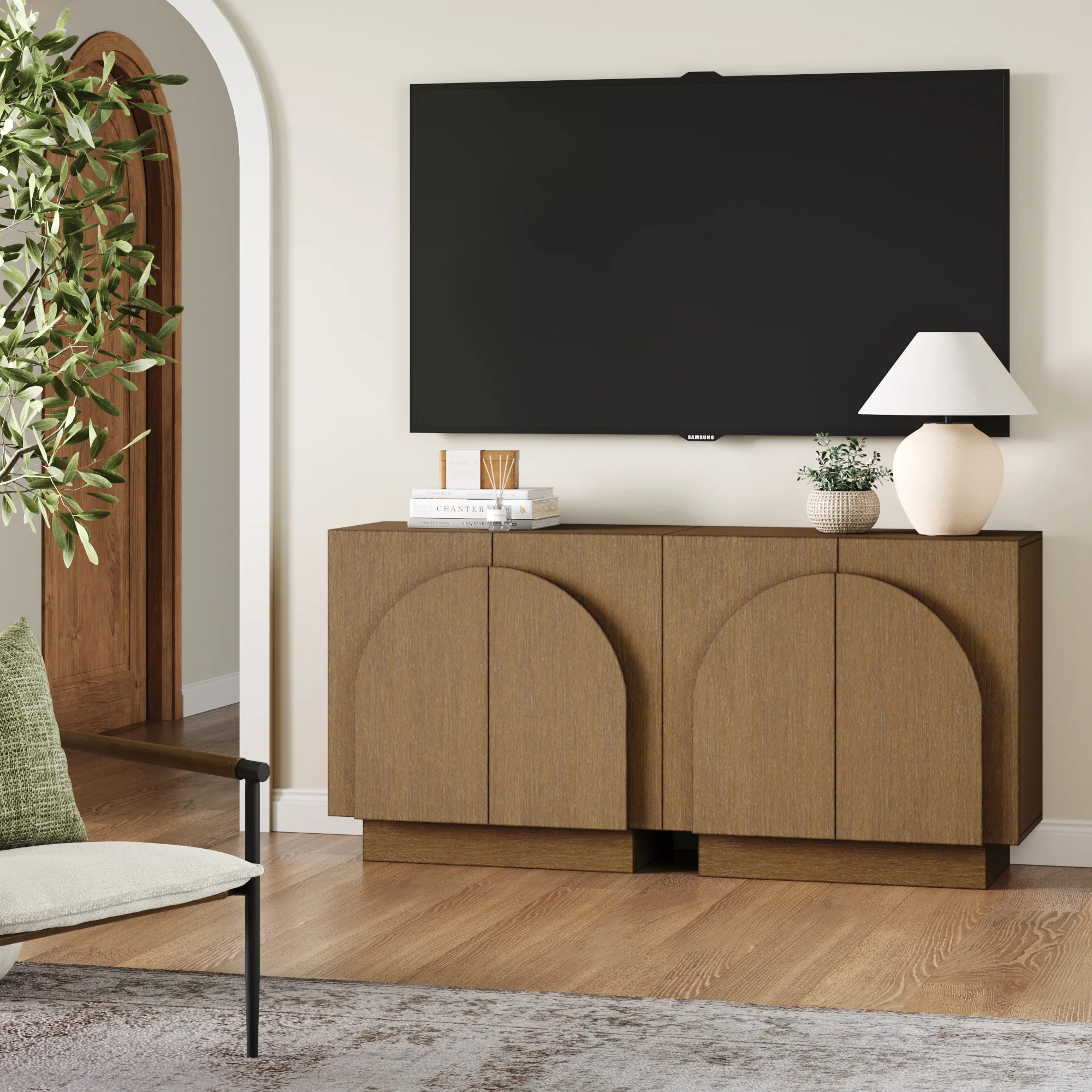 Wood Arched TV Console Credenza Brown (Set of 2) | Nathan James