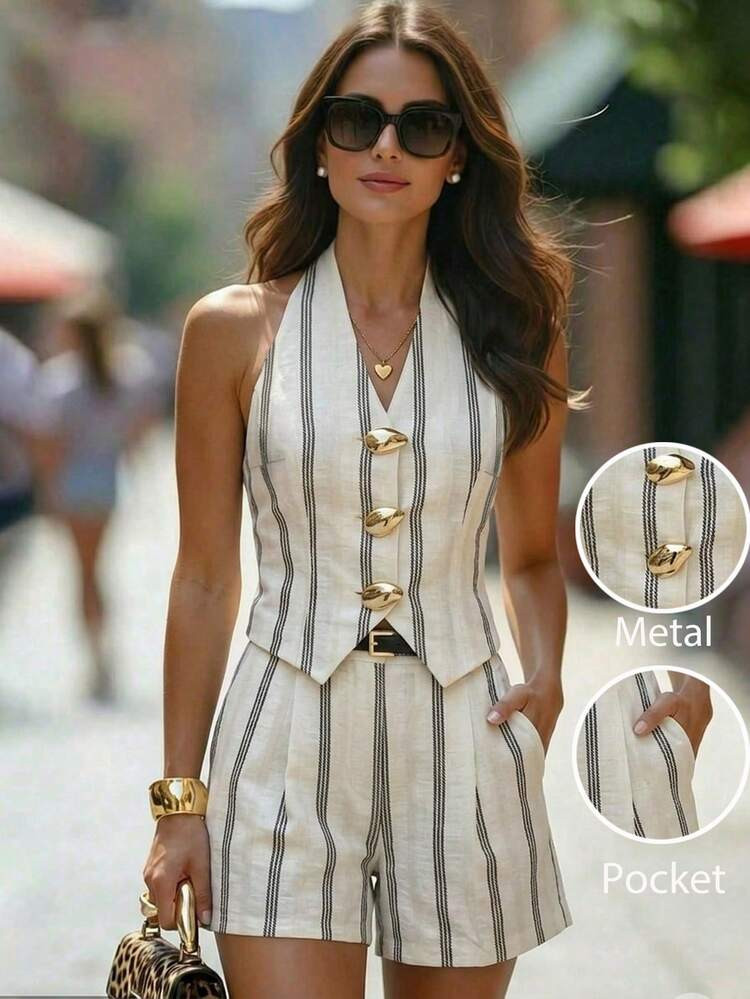 Editum Women's Black And White Striped 2 Pieces Set Backless Halter Top And Shorts,Summer Elegant... | SHEIN