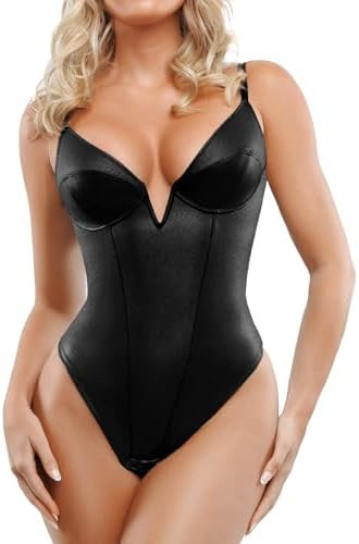 Popilush Body Suits for Womens Tummy Control - Faux Leather Bodysuit Deep V Neck Thong Sleeveless... | Amazon (US)