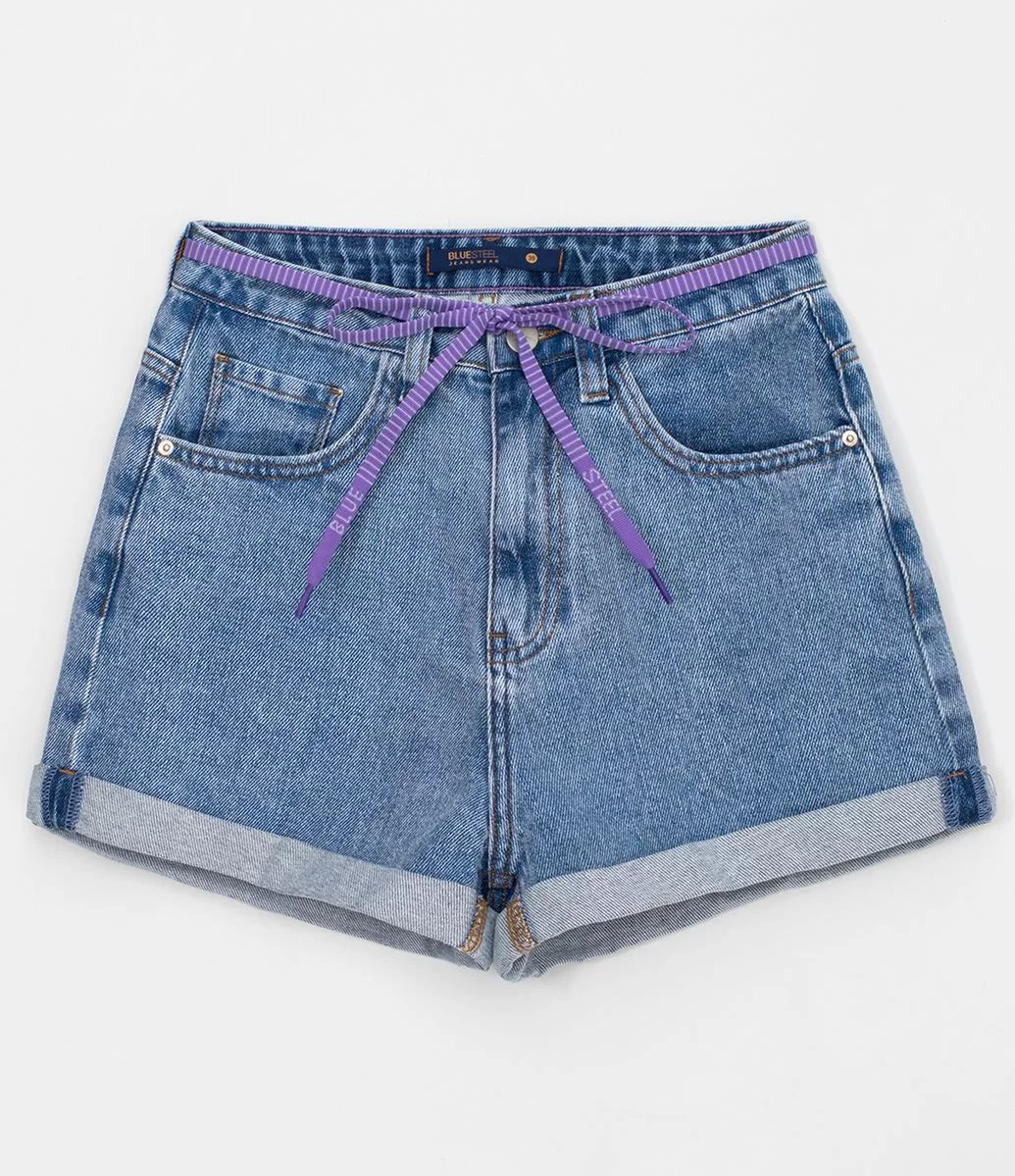 Short Mom Jeans Liso com Cinto de Cordão Azul - Lojas Renner | Lojas Renner BR