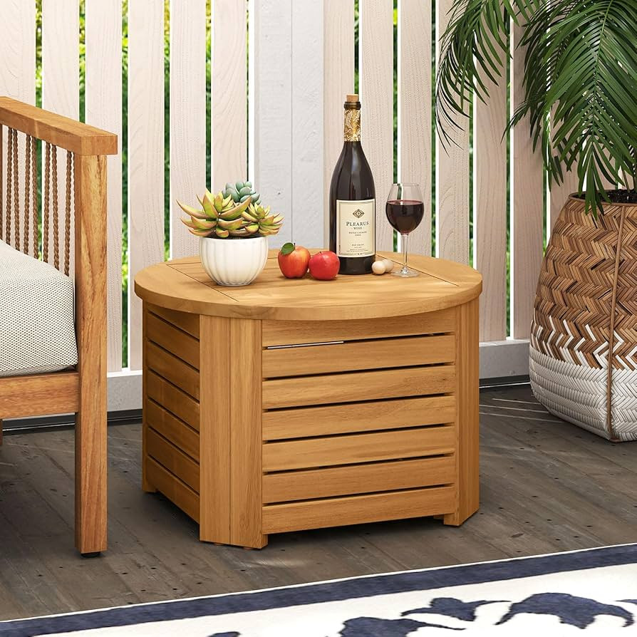 Tangkula 2-in-1 Outdoor Side Table with Storage, Acacia Wood Slatted Coffee Table with Umbrella H... | Amazon (US)