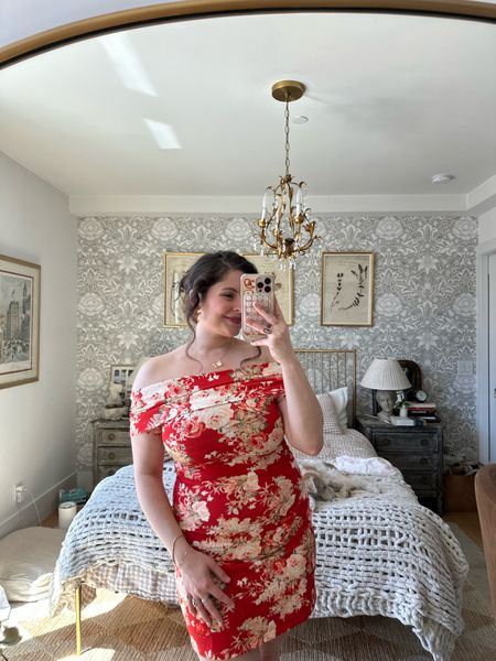 Beautiful off the shoulder body on dress from sezane I love the red floral print great for a summer party or vacation 

#LTKparties #LTKstyletip #LTKmidsize