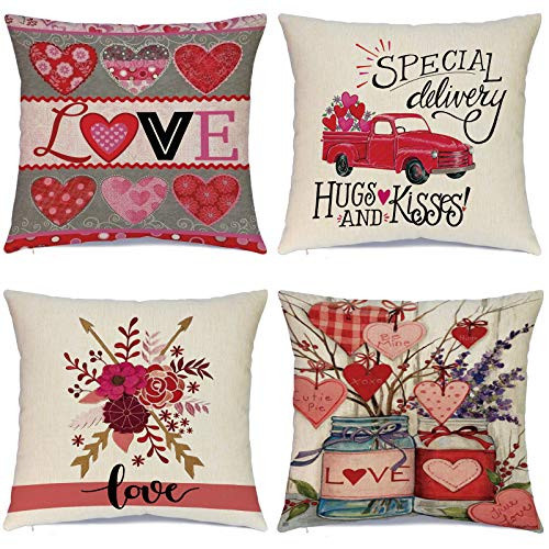 Hlonon Valentines Day Pillow Covers 18x18 Inch Set of 4 - Valentines Decorations Throw Pillow Covers Linen Pillow Case Zippered Square Pillowcase | Amazon (US)