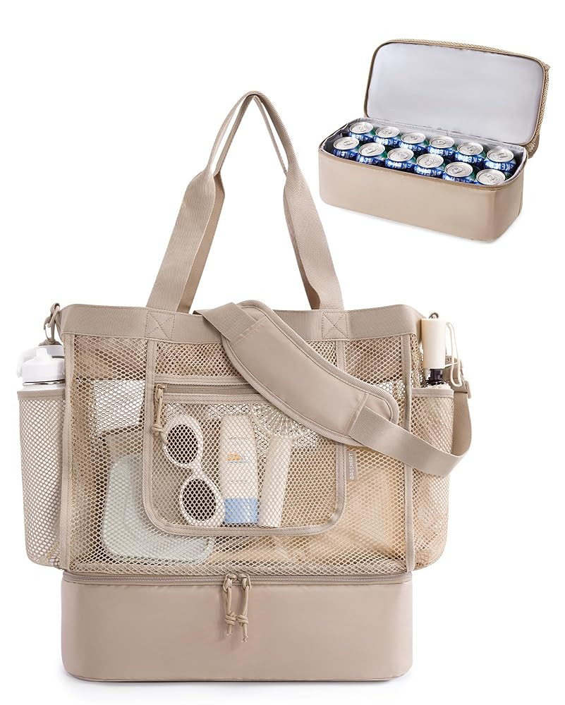 BAGSMART Beach Bag for Women, Mesh Tote Bags with Zipper, Sandproof Vacation Essentials with Cool... | Amazon (US)