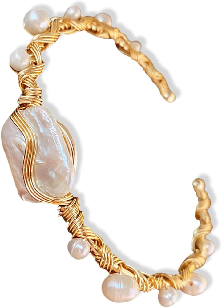 HETICA Gold Baroque Pearl Bracelet, Adjustable Gold Wrap Design Pearl Bracelet 18K Gold Plated De... | Amazon (US)