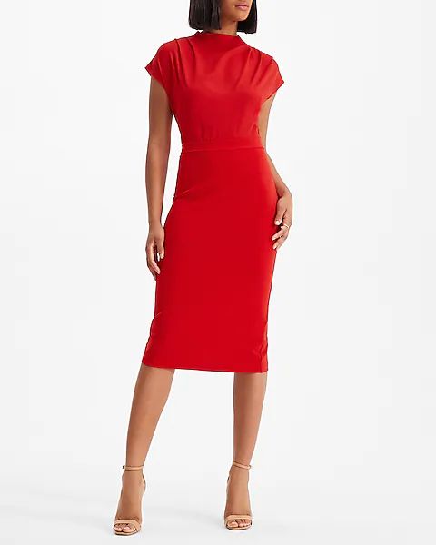 Draped Mock Neck Midi Sheath Dress | Express