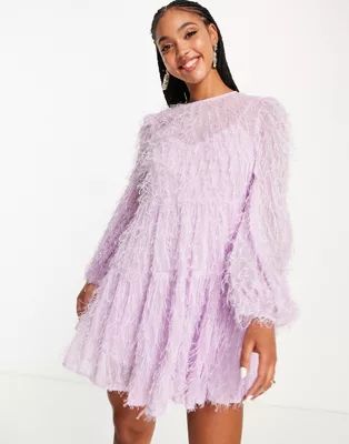 ASOS DESIGN tiered mini dress in fluffy texture in lilac | ASOS | ASOS (Global)