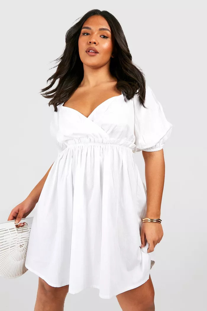 Plus Poplin Puff Sleeve V Neck Smock Dress | boohoo (US & Canada)