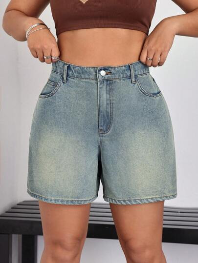 SHEIN EZwear Plus Size Solid Color Casual Denim Shorts With Pockets, Summer | SHEIN