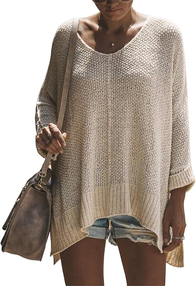 Exlura Women's Casual V Neck Loose Oversized Pullover Sweater High Low Knitted Jumper | Amazon (US)