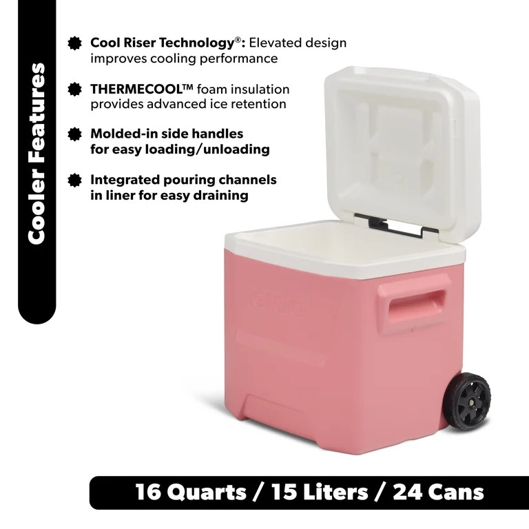 Igloo 16 QT Laguna Hard Side Ice Chest Cooler with Wheels, Coral Pink | Walmart (US)