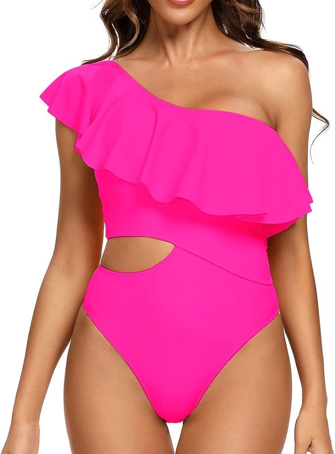 Dixperfect Women's Cutout Ruffled One Shoulder One Piece Swimsuit Bathing Suit Monokini Padded | Amazon (US)