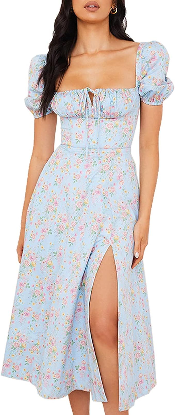 Boho Dress for Women Cottagecore Dress Maxi Dress Summer Wrap Floral Casual Vintage Square Neck R... | Amazon (US)