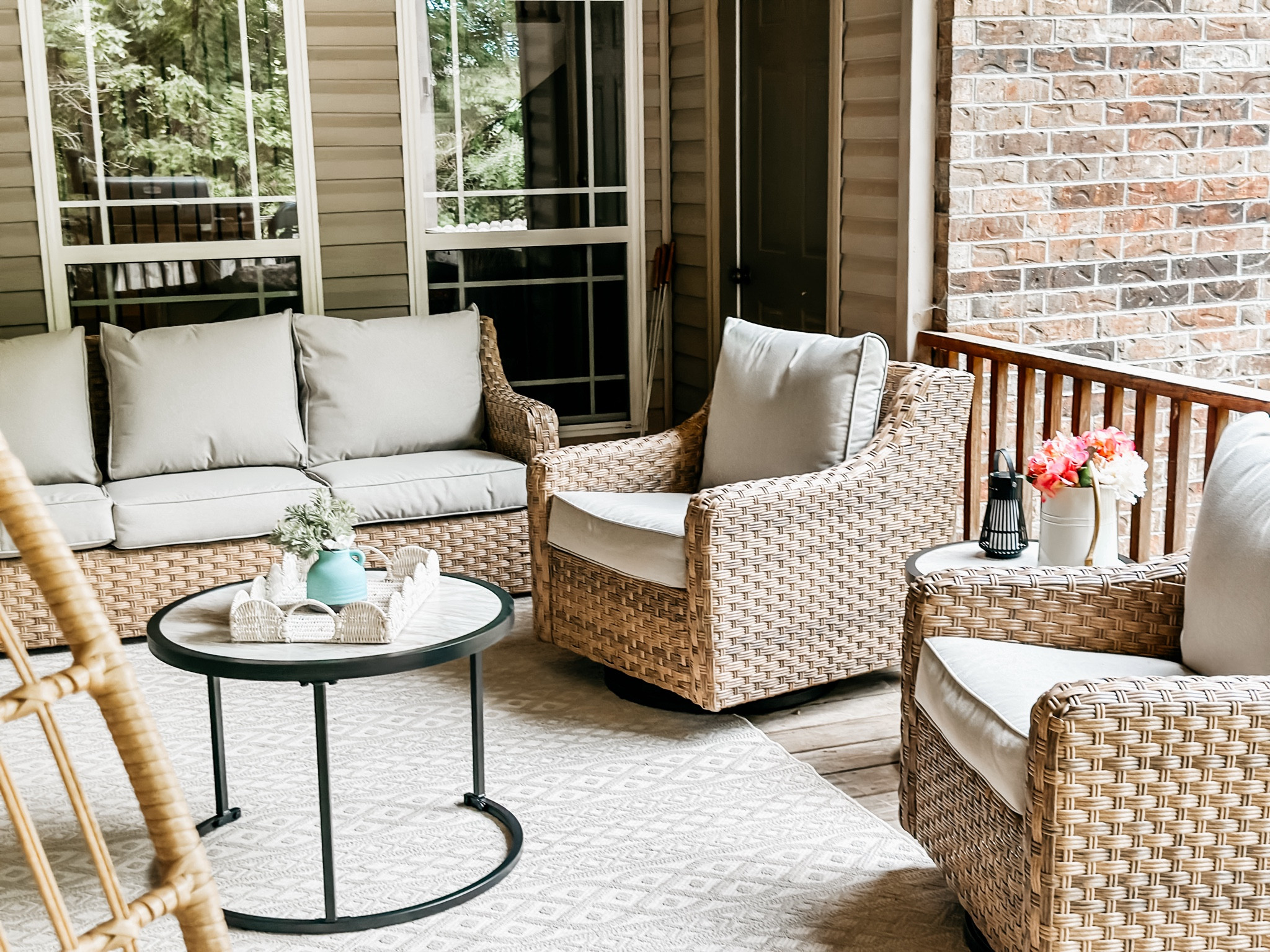 Our Patio furniture finally restocked! Linking it below + our pillows from Amazon I just added this year! 

It’s from Walmart and we absolutely love it! Quality is 10/10 & it also comes with covers for winter time. 

The chairs also rock & swivel! You can buy just the couch, just the chairs or the whole set with the nesting coffee tables. 

Walmart home finds, outdoor rug, coffee table, nesting tables, scalloped rattan tray, Bluetooth speaker for outdoors, parties, etc. Comfy patio furniture that looks like Serena and lily! Affordable home decor. 




#LTKparties #LTKSeasonal #LTKhome