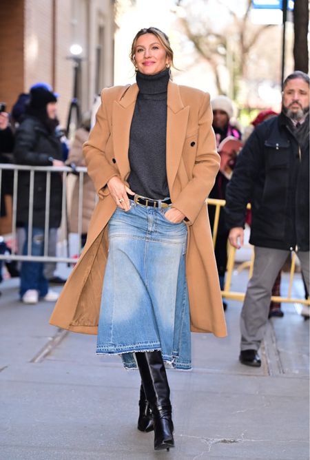 Giselle Bündchen  wearing a designer mixed media a lime denim midi skirt, black leather high heeled boots, double-breasted wool-felt coat 

#LTKworkwear #LTKSeasonal #LTKstyletip