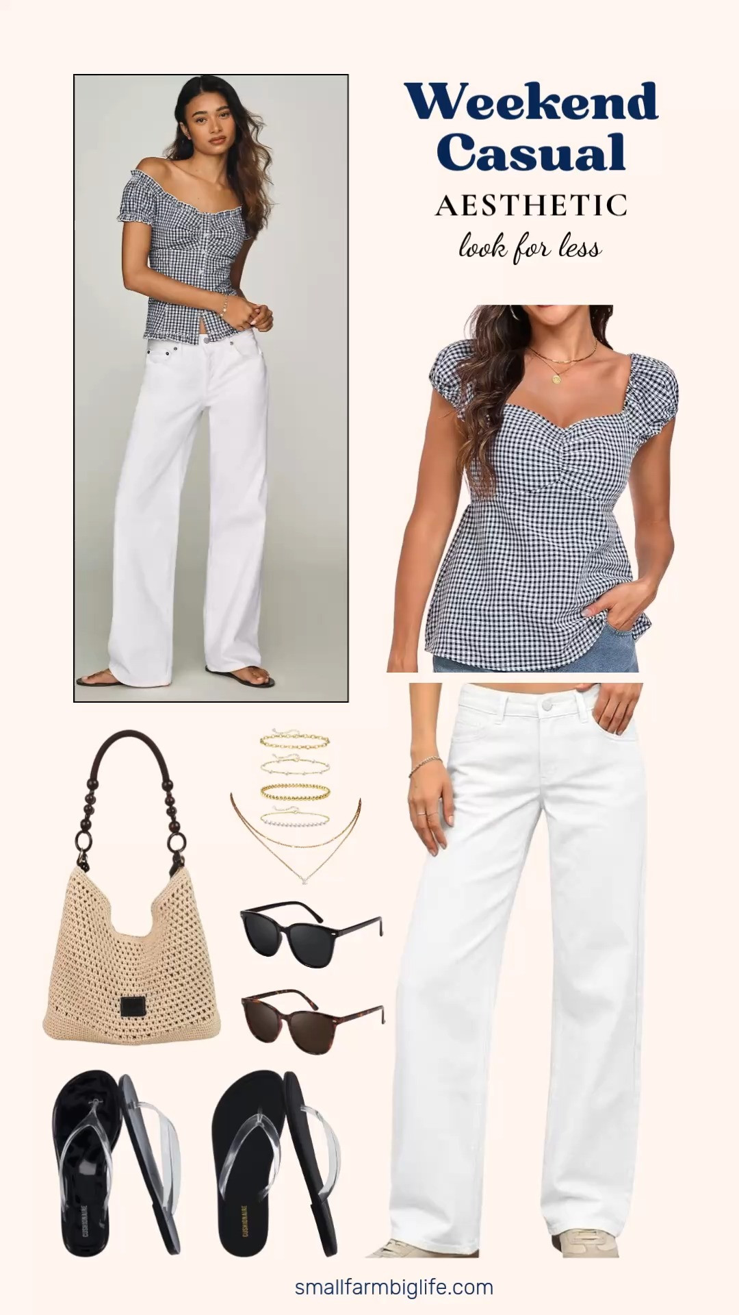 A black and white gingham babydoll top with wide leg baggy jeans is such a fun Y2K inspired summer look and this whole outfit comes together for so much less than you would expect. The clear and black jelly flip flops are the perfect casual sandal to finish the look and the macrame beach bag adds that boho texture that makes a simple outfit feel intentional. Layer on the gold pearl bracelets and gold layered necklaces, grab the tortoiseshell sunnies, and you have a complete weekend look that is effortless and so on trend right now. Tap to shop the whole look! 

 #LTKootd #LTKSeasonal #LTKOver40