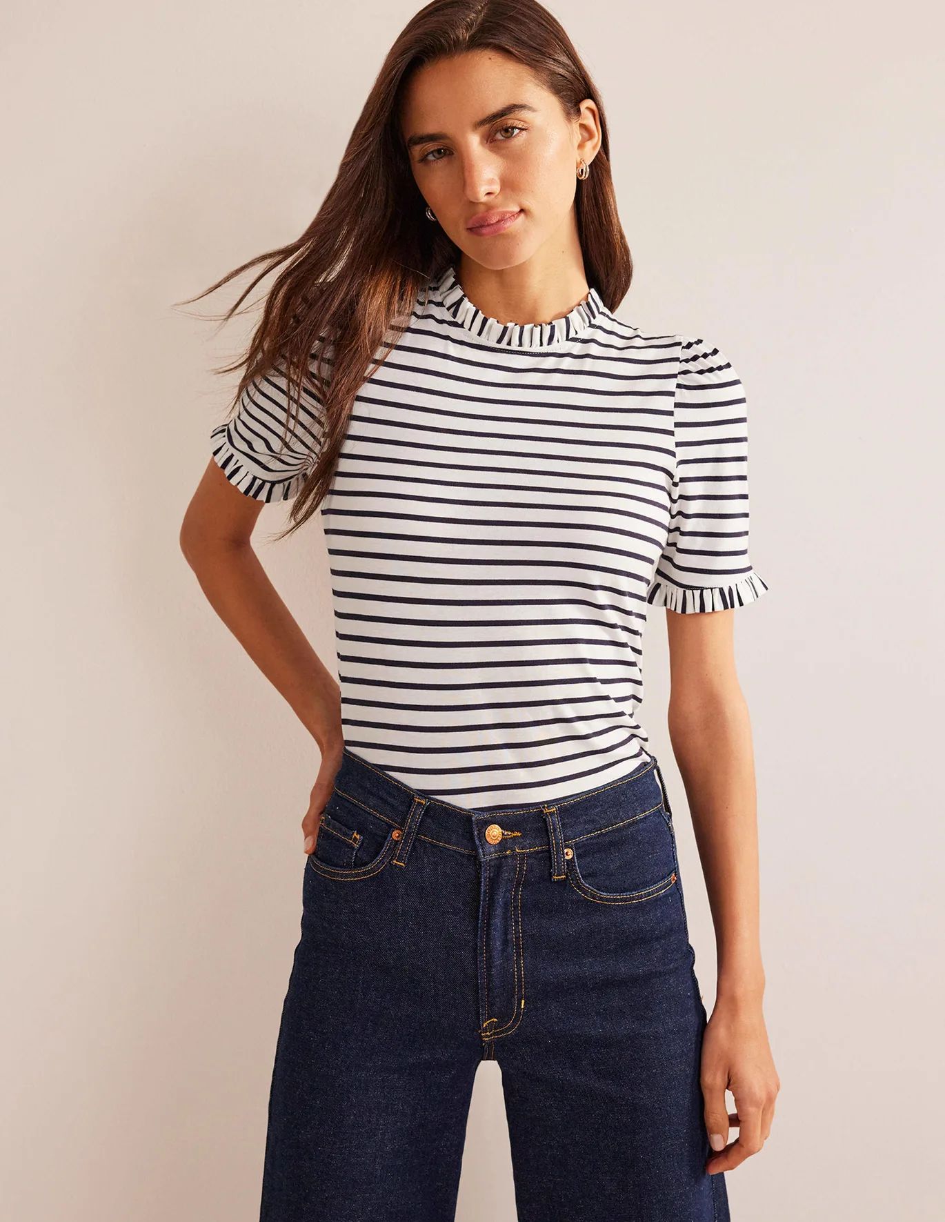 Supersoft Frill Detail T-shirt - Ivory, Navy | Boden (US)