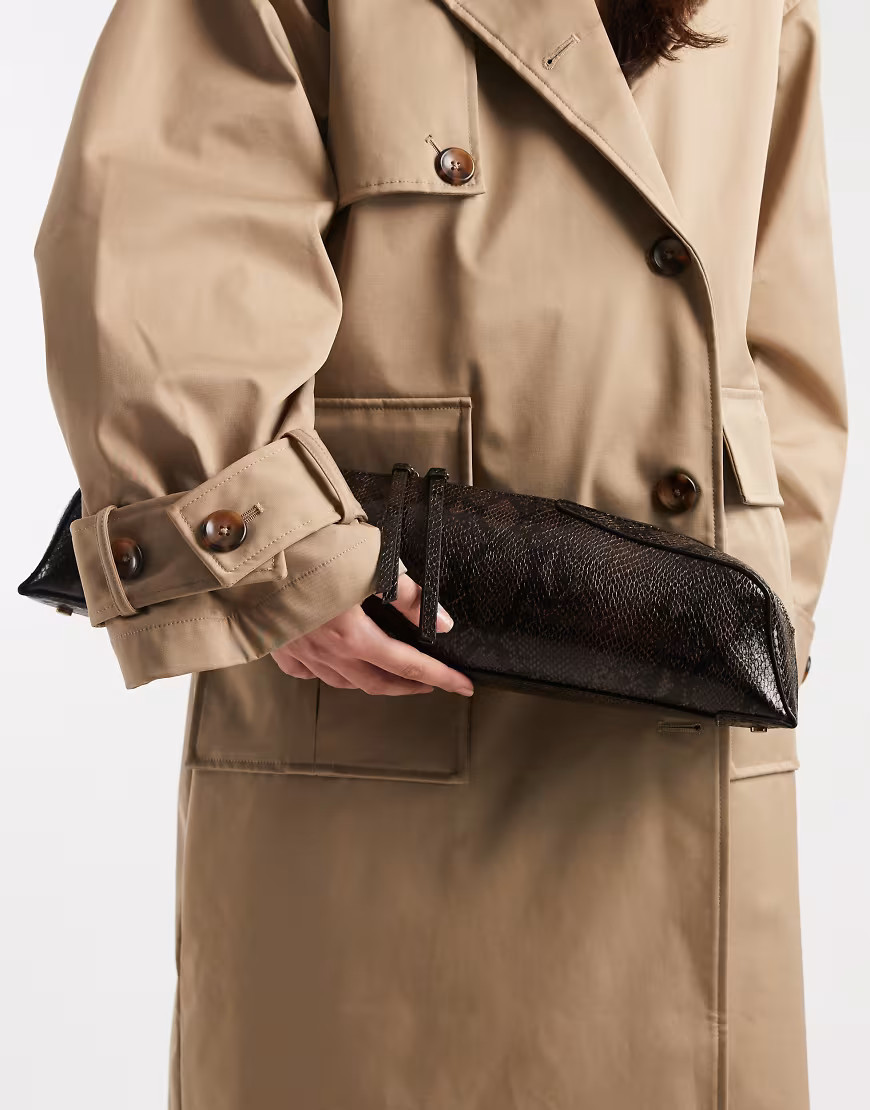 ASOS DESIGN textured pencil case clutch bag in chocolate snake print-Multi | ASOS (Global)