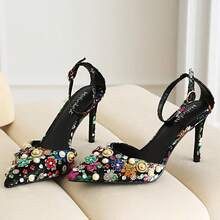 Mofirdast Women's Ankle Strap Pumps Stiletto High Heels Colorful Rhinestones Closed Pointed Toe Heels Wedding Daily Dressy Prom Shoes | SHEIN