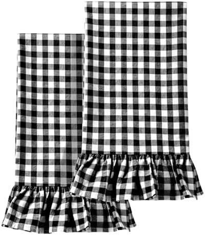 HunnmingRe 2 Pcs Matte Black Gingham Kitchen Towels Cotton Ruffled | Checked Dish Towels 18"x28" ... | Amazon (US)