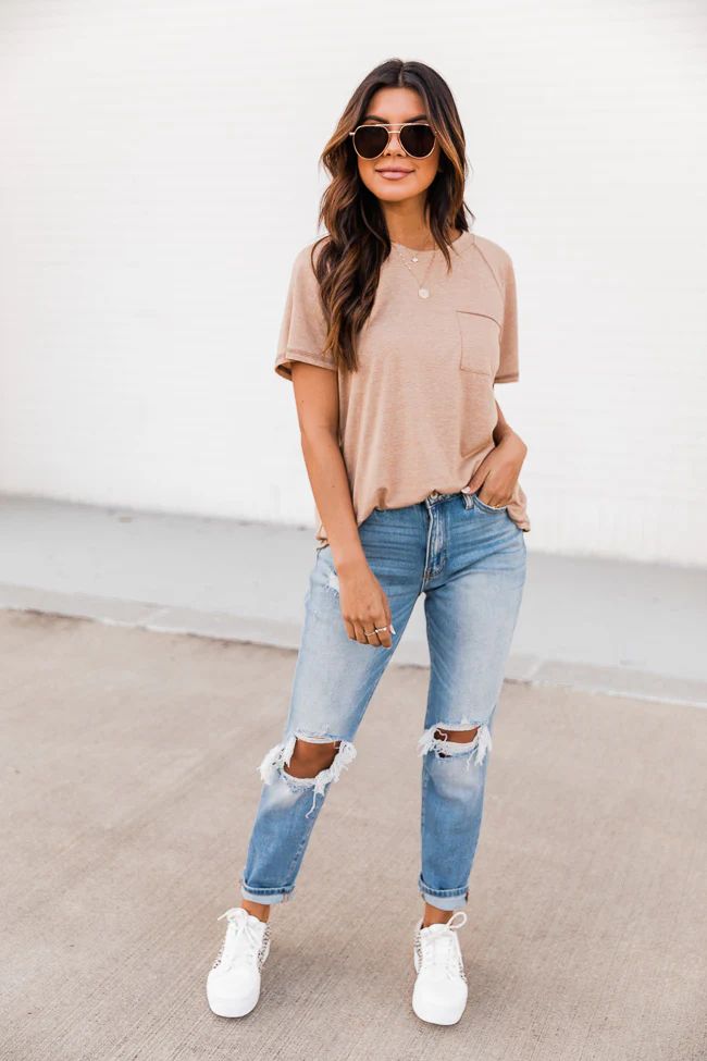 Lively Spirit Oatmeal Scoopneck Pocket Tee | Pink Lily