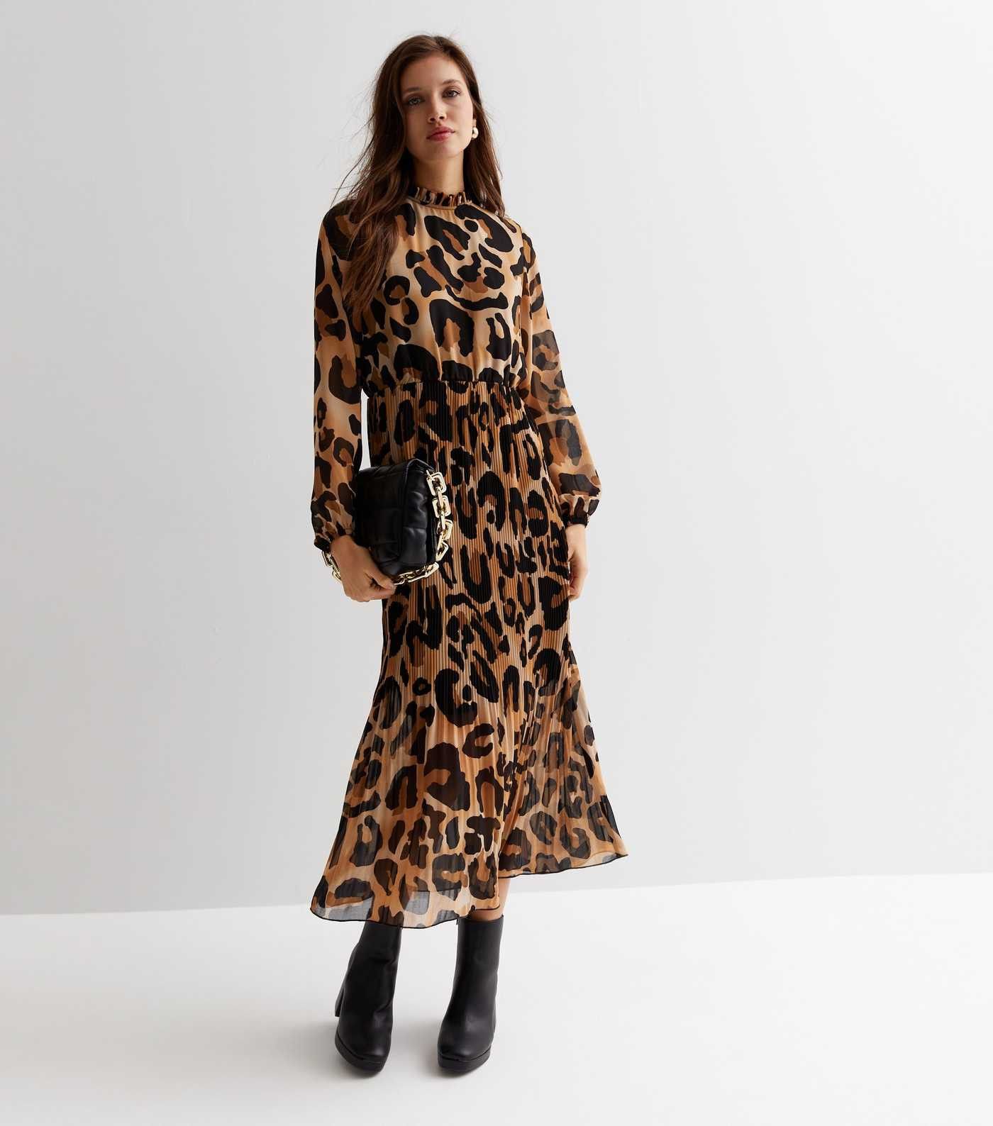 Brown Leopard Print High Neck Pleated Midi Dress 
						
						Add to Saved Items
						Remove fr... | New Look (UK)