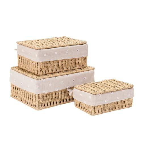 GIB Small Wicker Storage Baskets with Lids and Liner, Rectangular Paper Rope Woven Baskets for Organizing, Decorative Boxes Boho Decor for Shelves Table Desktop Makeup Organizer, Set of 3 | Amazon (US)