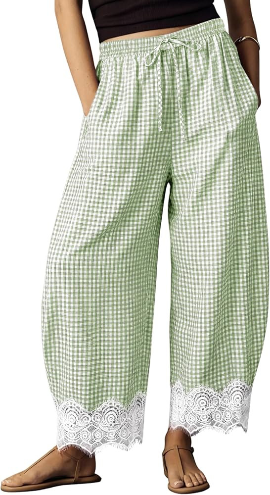 Womens Lace Hem Gingham Barrel Pants Wide Leg Elastic Drawstring Waist Lounge Pants Plaid Trouser... | Amazon (US)