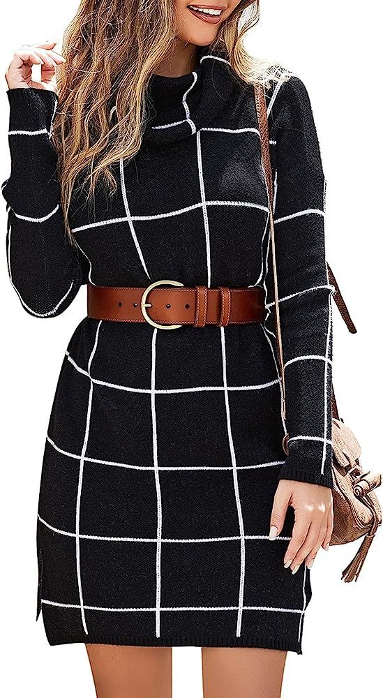 Laigabe Womens Sweater Dresses Winter Turtleneck Long Knitted Grid Pullover | Amazon (US)