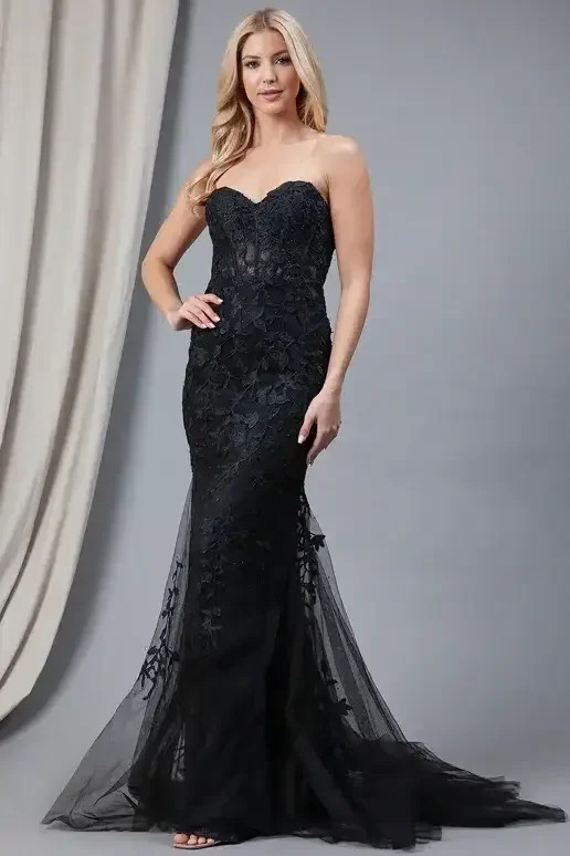 Rainn Gown - Black - Strapless Lace Corset Dress | Lady Black Tie