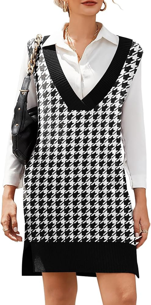 HOTOUCH Women's V Neck Sweater Vest Dress Oversized Sleeveless Casual Pullover Sweater Fall Winte... | Amazon (US)