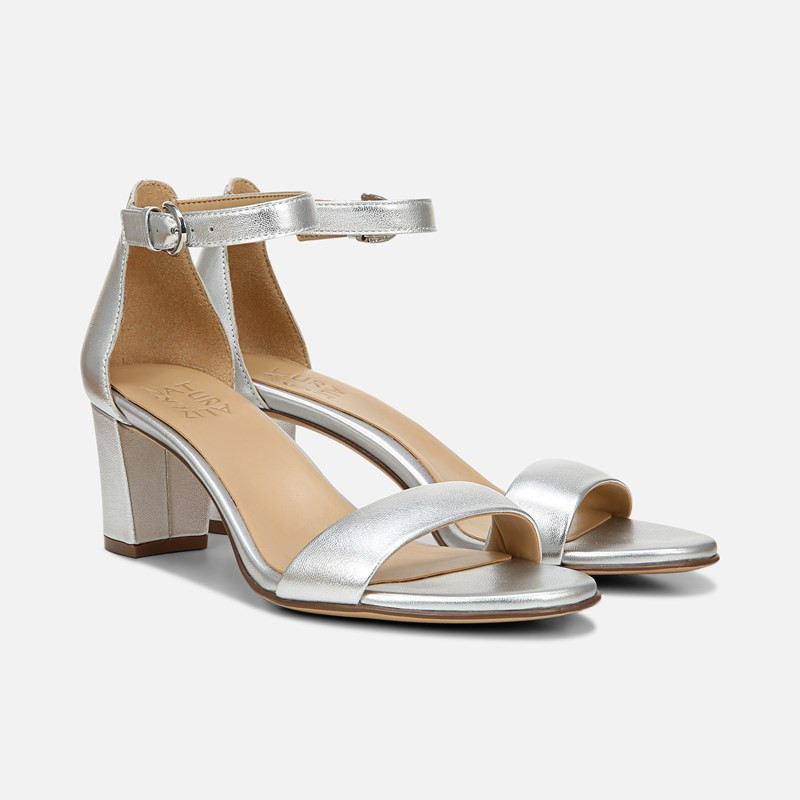 Naturalizer Vera Dress Sandals, Silver Leather, 8.5W Almond Toe, Block Heels, Ankle Strap | Naturalizer