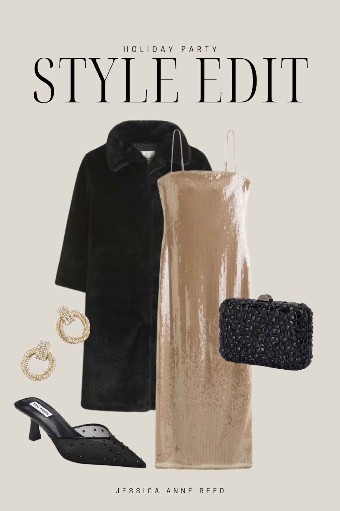 Holiday outfit, holiday look, faux fur coat, sequin dress, clutch, mules, lace earrings, holiday outfit inspo, holiday party

#LTKSeasonal #LTKHoliday #LTKParties