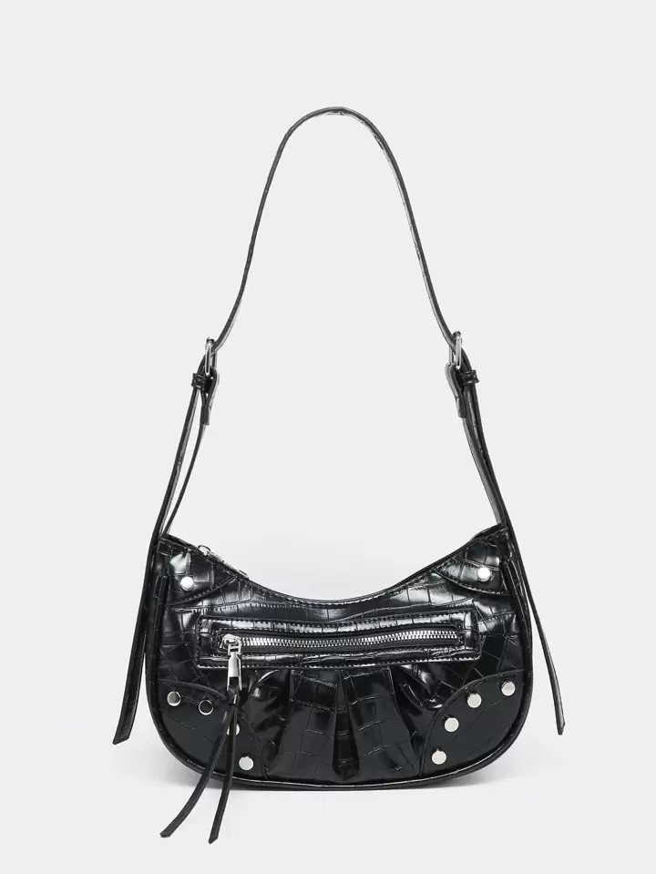 Bolsa hobo padrão de crocodilo decoração cravejado pu | SHEIN