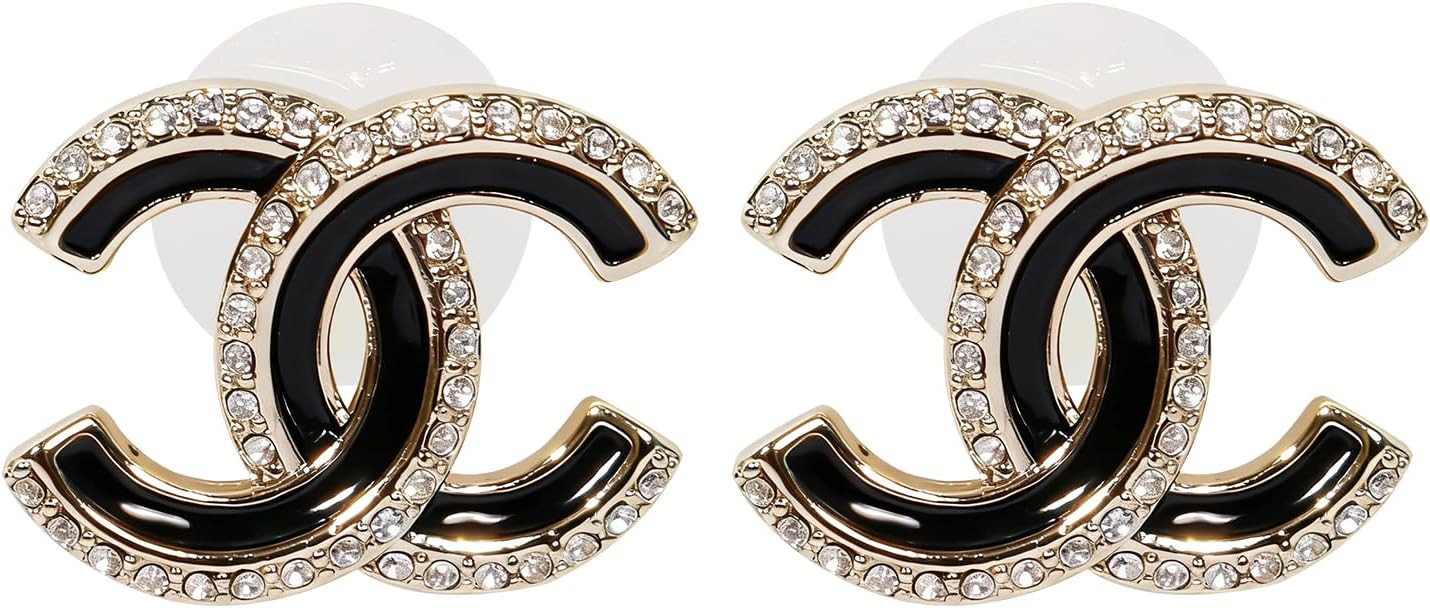 Designer Inspired Logo Stud Earrings for Women, Gold Tone with Black Enamel and Crystal Rhineston... | Amazon (US)