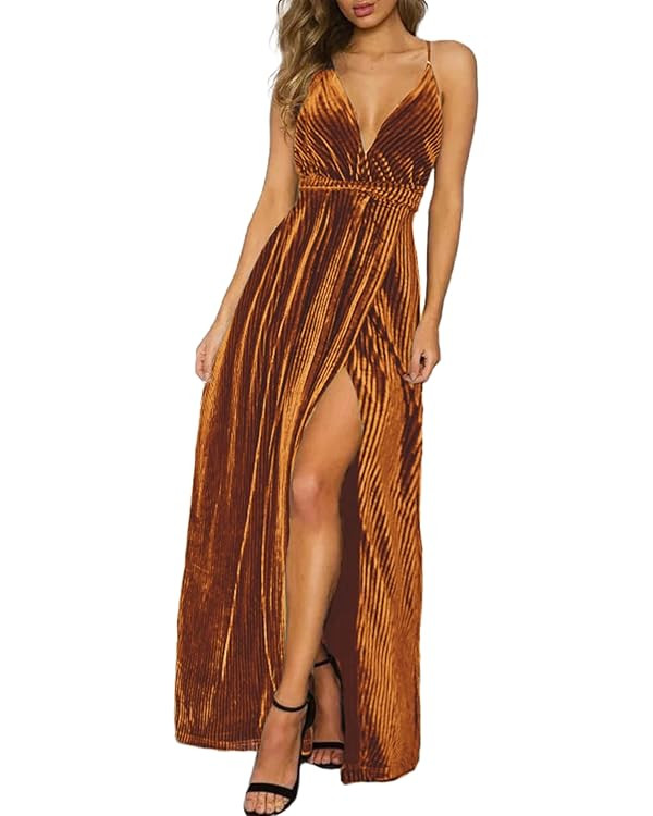 Simplee Women’s V Neck Velvet Maxi Dress Short Sleeve Empire Waist Long Formal Dress for Weddin... | Amazon (US)