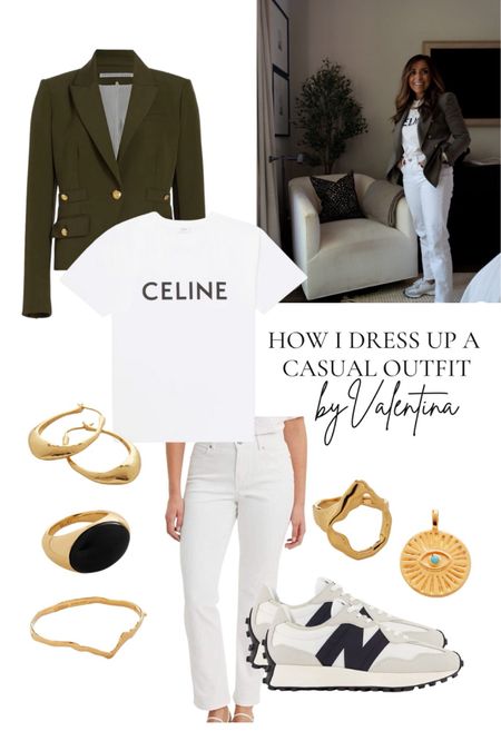 Dressing up a Casual Outfit, White Jeans, Khaki Green Blazer, Whote Jeans, Monica Vinader, Gold Jewellery, New Balance Trainers 

#LTKeurope #LTKstyletip #LTKSeasonal